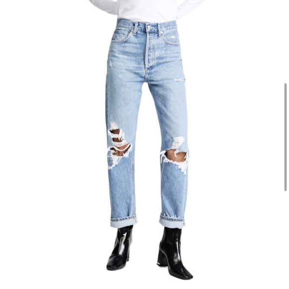 AGOLDE 100% ORGANIC COTTON RIPPED KNEE BUTTON FLY HIGH WAISTED JEANS SZ 28 - Picture 7 of 16